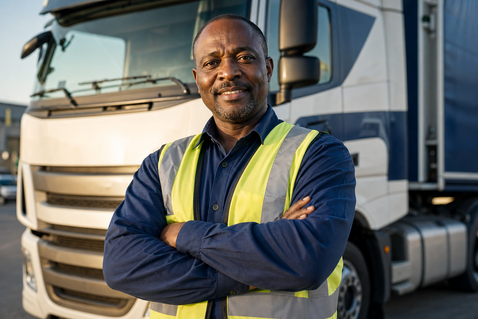 Professional truck driver standing in front of a modern truck